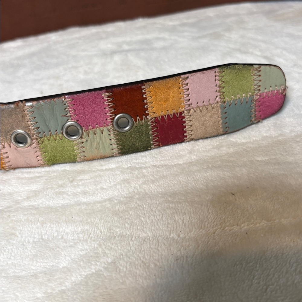 Vintage Fossil pastel & bright multicolor patchwork leather/suede belt Sz Medium - Picture 3 of 16